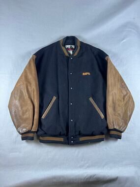 Vintage ESPN Varsity Jacket Mens XXL Black Brown Wool Leather Sleeve Bomber